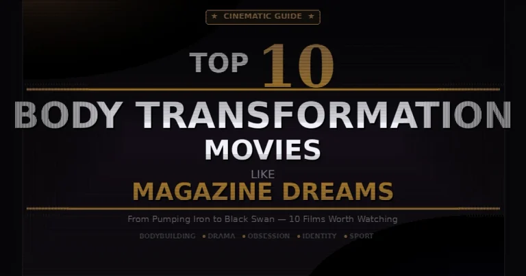 Body transformation movies like Magazine Dreams — cinematic collage of film strip and muscular silhouette in dramatic amber light