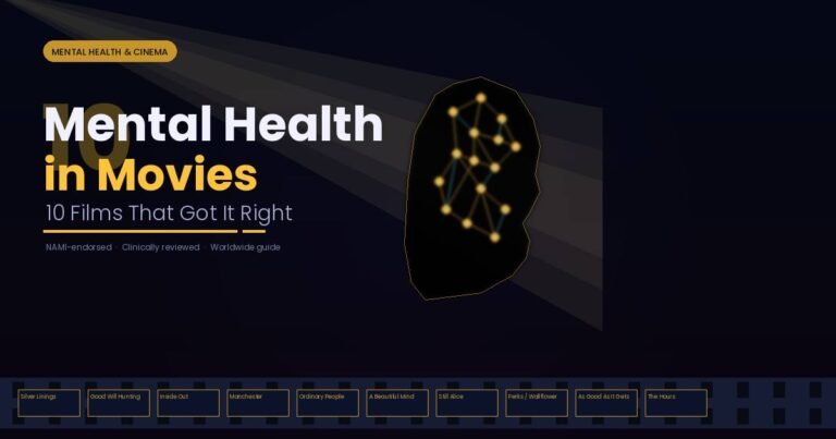 Mental health in movies shown through a human head silhouette with neural network lines and a film strip featuring 10 films