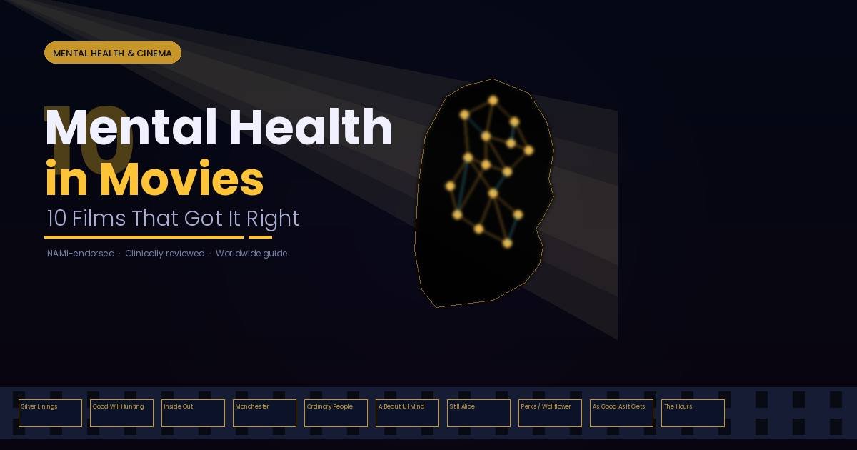 Mental health in movies shown through a human head silhouette with neural network lines and a film strip featuring 10 films