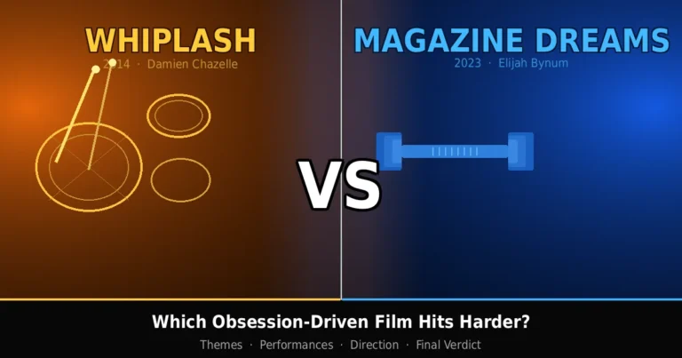 Whiplash vs Magazine Dreams split-screen comparison: amber drum kit on left, blue dumbbell on right, VS in center