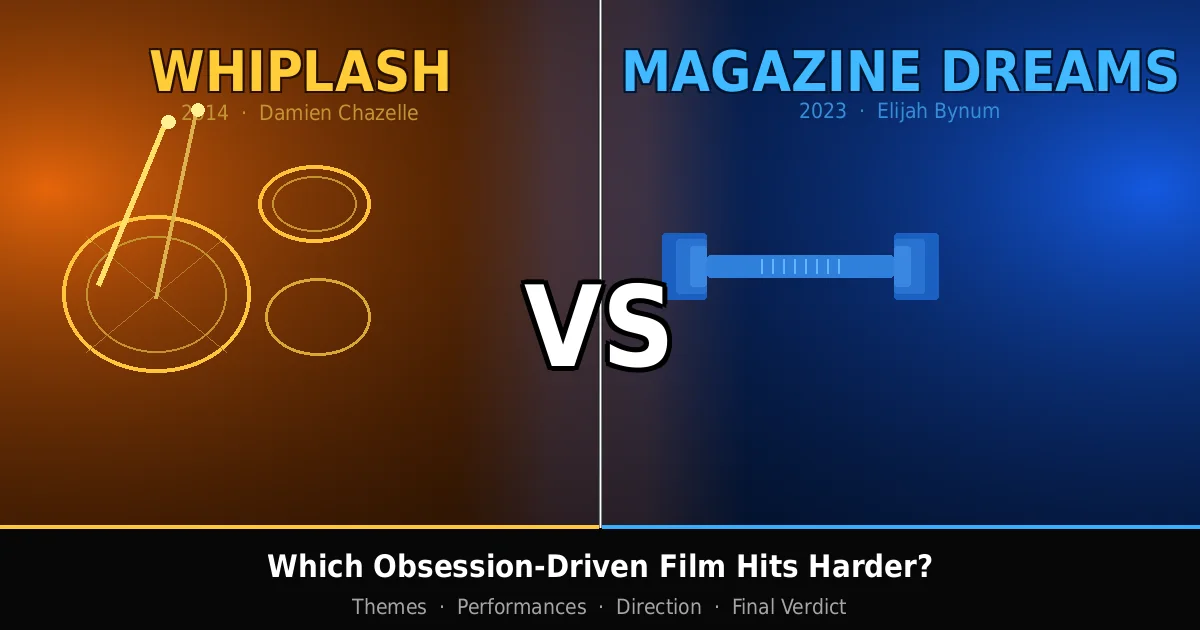 Whiplash vs Magazine Dreams split-screen comparison: amber drum kit on left, blue dumbbell on right, VS in center